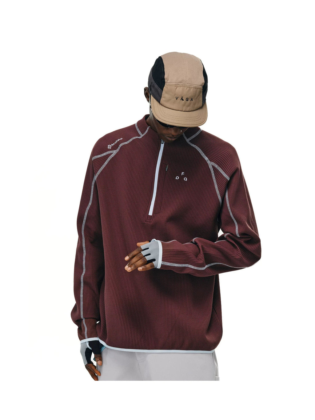 FPA UPF 50+ quick-dry half-zip long-sleeve top in Burgundy Red, three quarter model