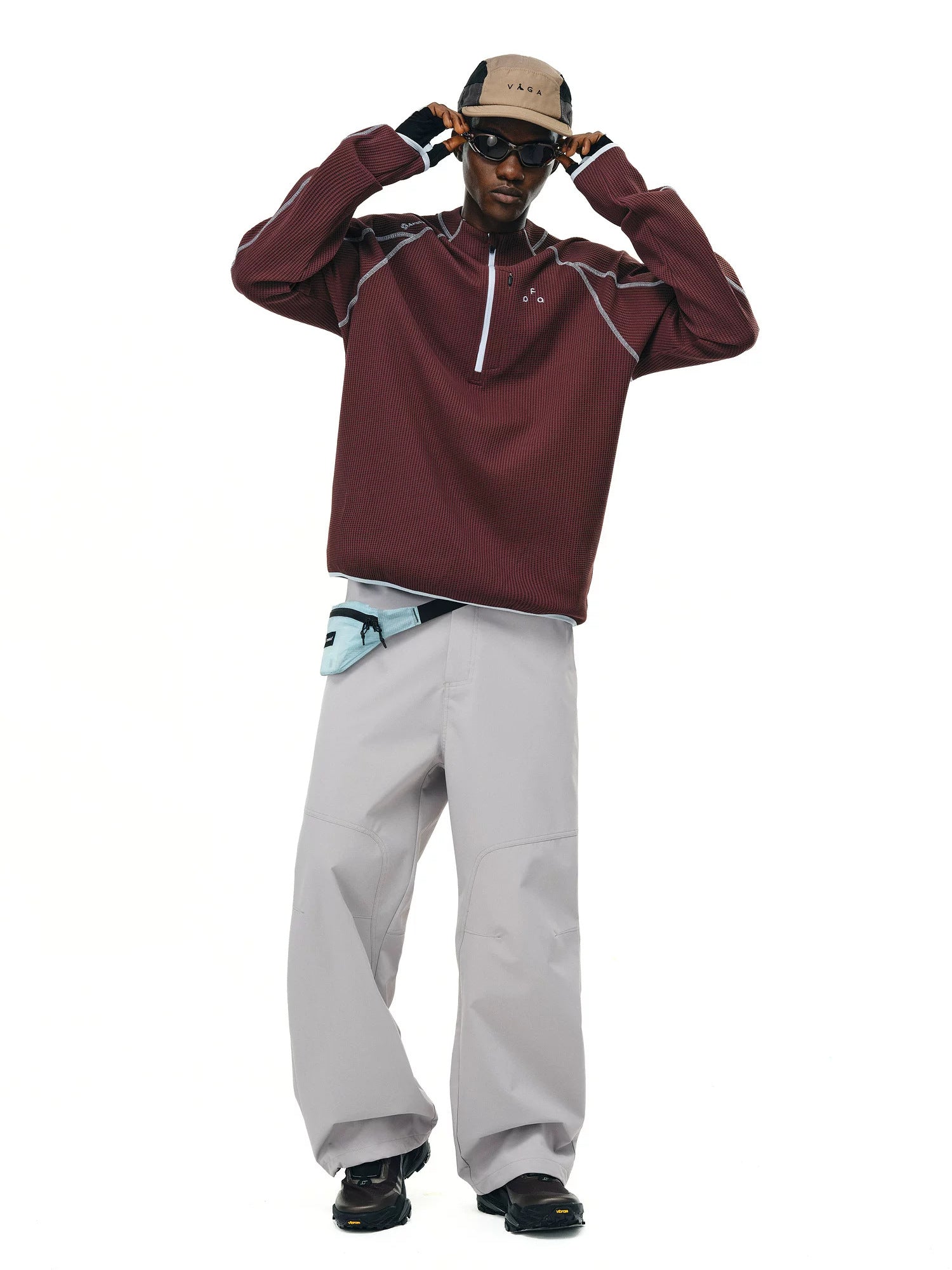 FPA UPF 50+ quick-dry half-zip long-sleeve top in Burgundy Red, full body model