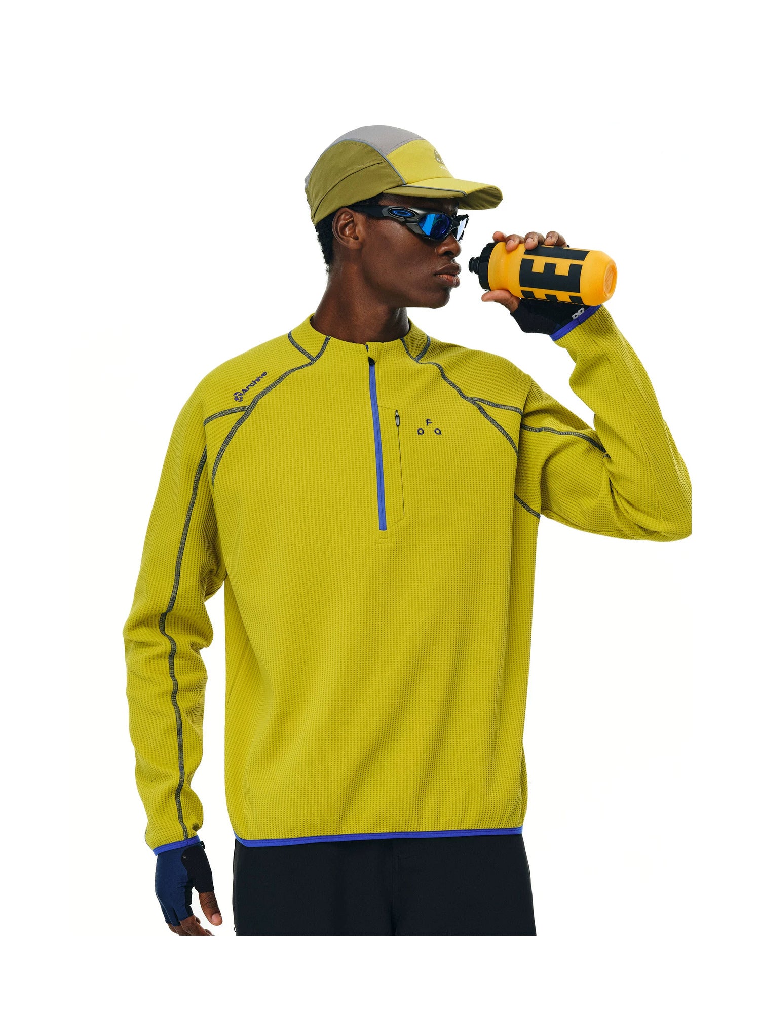 FPA UPF 50+ quick-dry half-zip long-sleeve top in Mustard, forty five action model
