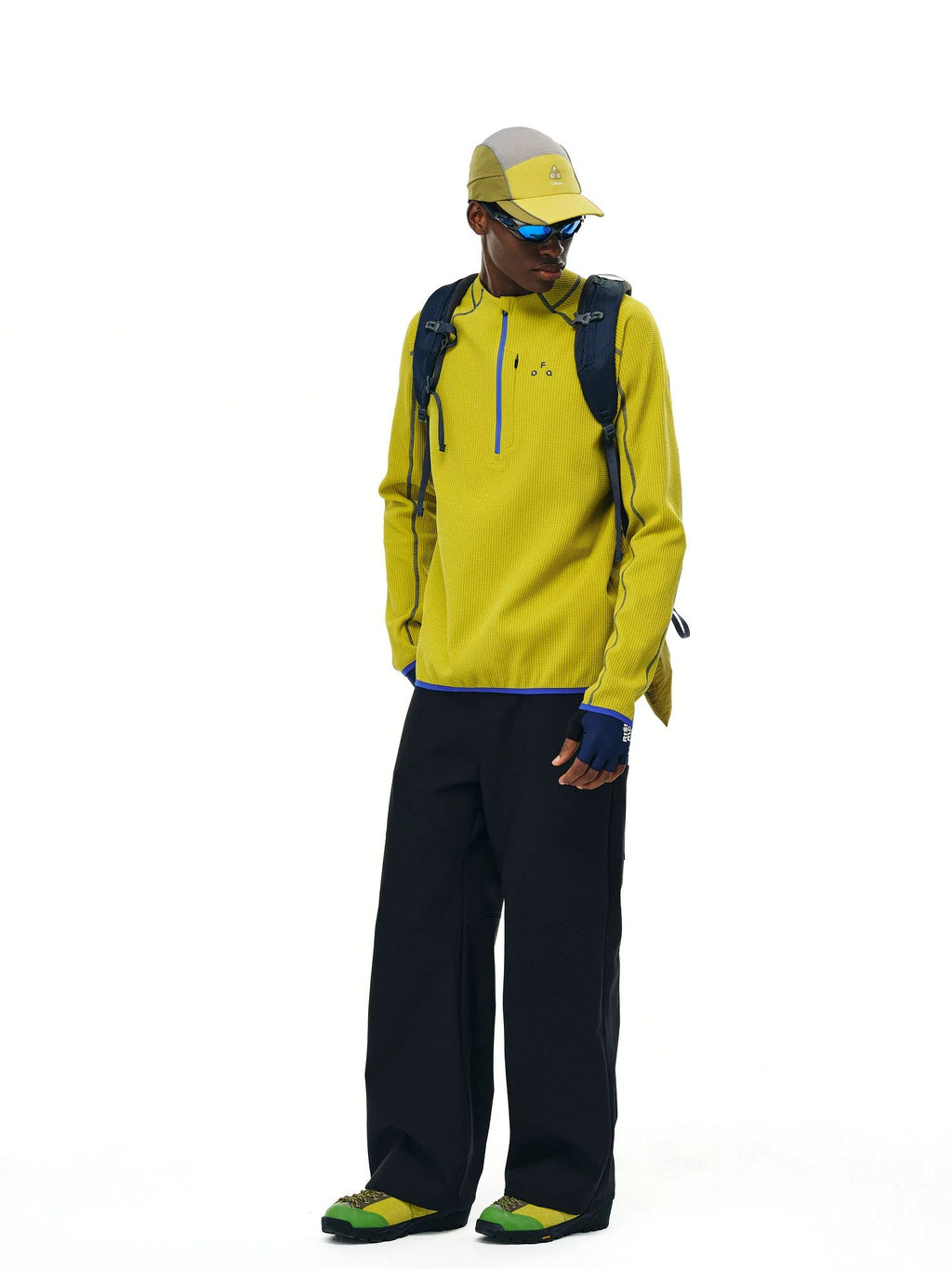 FPA UPF 50+ quick-dry half-zip long-sleeve top in Mustard, full body model