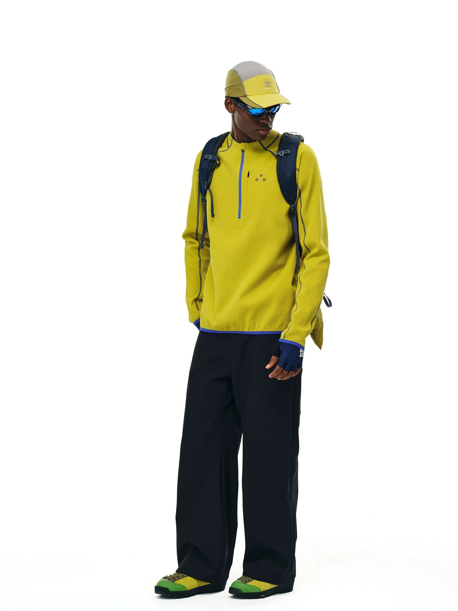 FPA UPF 50+ quick-dry half-zip long-sleeve top in Mustard, full body model