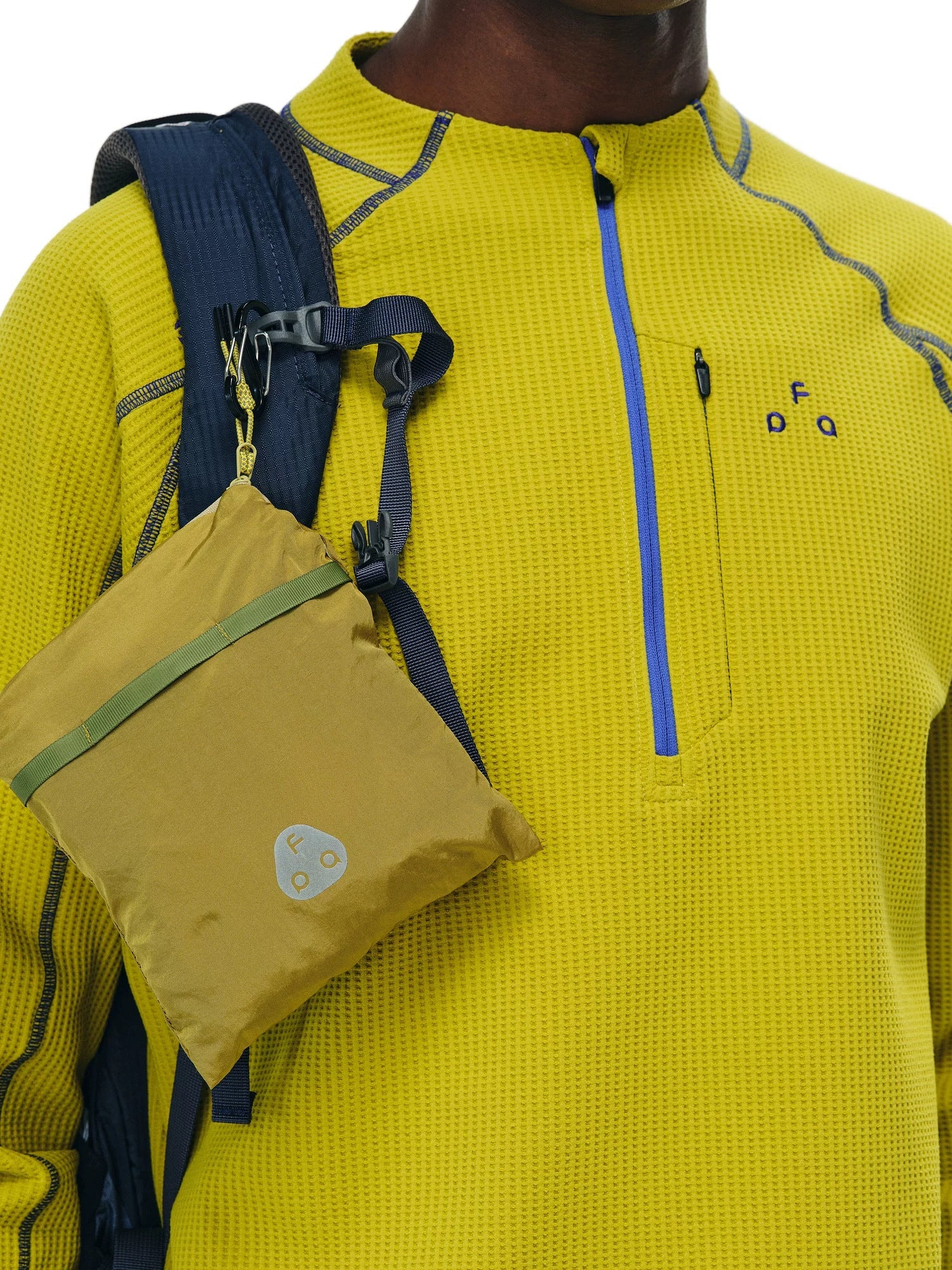 FPA UPF 50+ quick-dry half-zip long-sleeve top in Mustard, zip texture detail