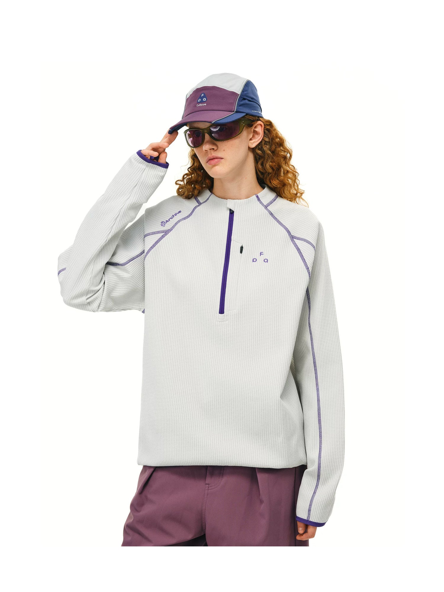 FPA UPF 50+ quick-dry half-zip long-sleeve top in Oatmeal, three quarter model