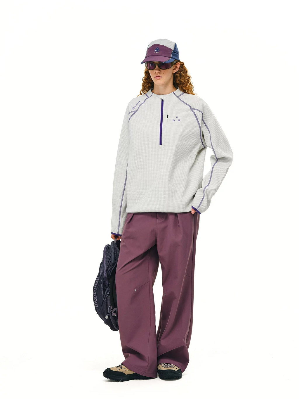 FPA UPF 50+ quick-dry half-zip long-sleeve top in Oatmeal, full body model