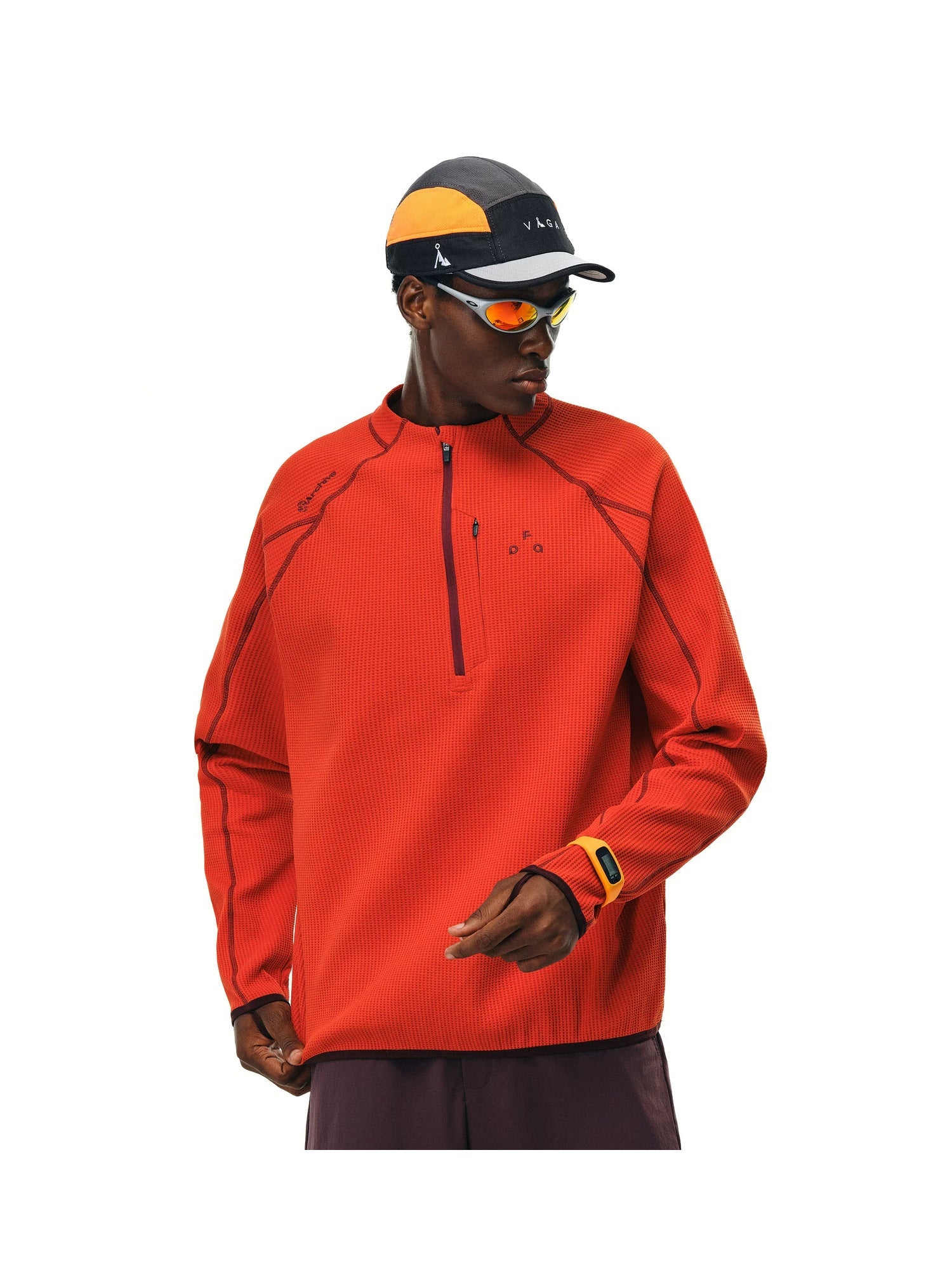 FPA UPF 50+ quick-dry half-zip long-sleeve top in Red, side half body