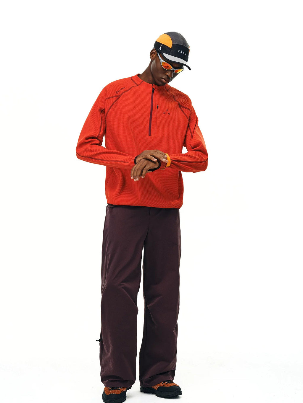FPA UPF 50+ quick-dry half-zip long-sleeve top in Red, full body model