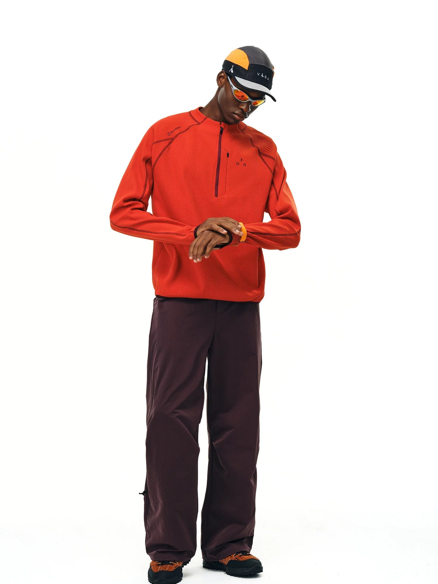 FPA UPF 50+ quick-dry half-zip long-sleeve top in Red, full body model